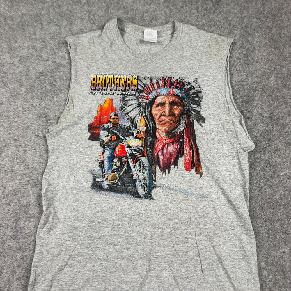Y2K Native American Muscle Tank Mens Small Gray Brothers Wind Biker Graphic Surf - Picture 3 of 13